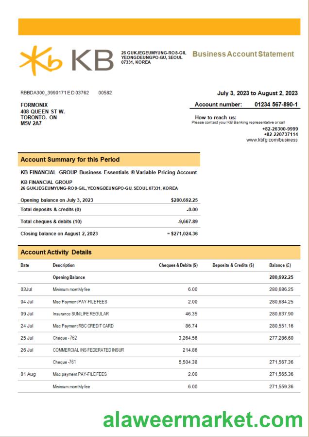 KB Financial Group bank company checking account statement Word and PDF template